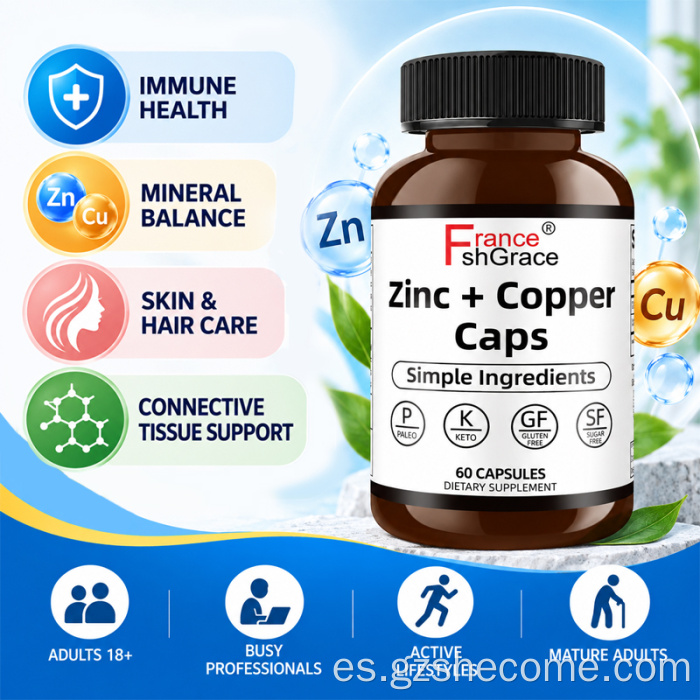 Los suplementos Shecome Zinc Copper apoyan la estructura del cabello de la piel.